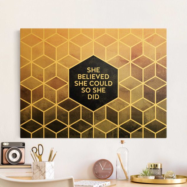 Leinwandbild Gold - Elisabeth Fredriksson - Goldene Geometrie - She Believed She Could - Querformat 3:4