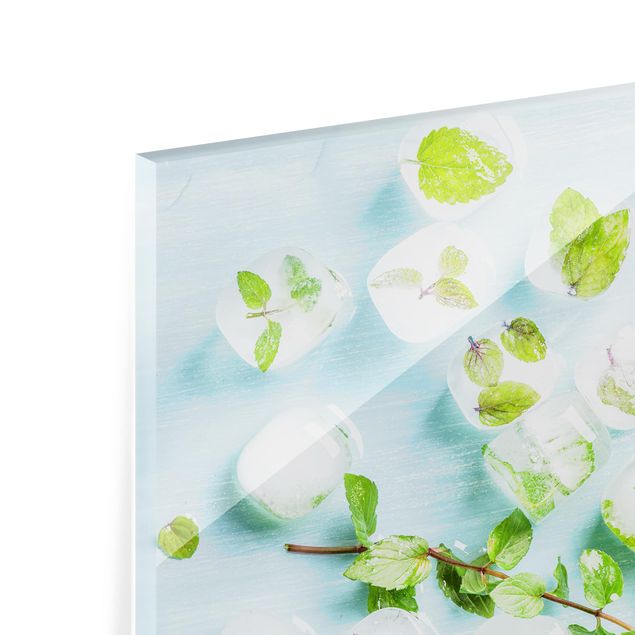 Spritzschutz Glas - Eiswürfel mit Minzblättern - Querformat - 3:2
