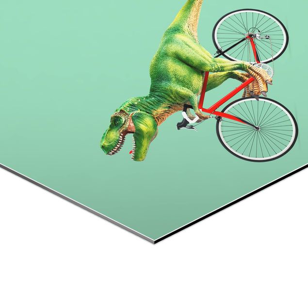 Hexagon Bild Alu-Dibond - Jonas Loose - Dinosaurier mit Fahrrad