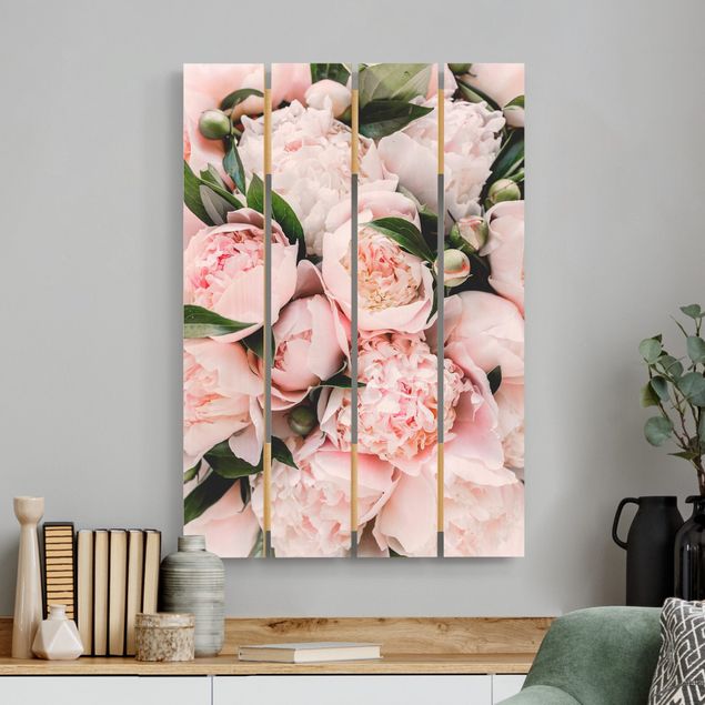 Holzbilder Blumen Rosa Pfingstrosen mit Blättern