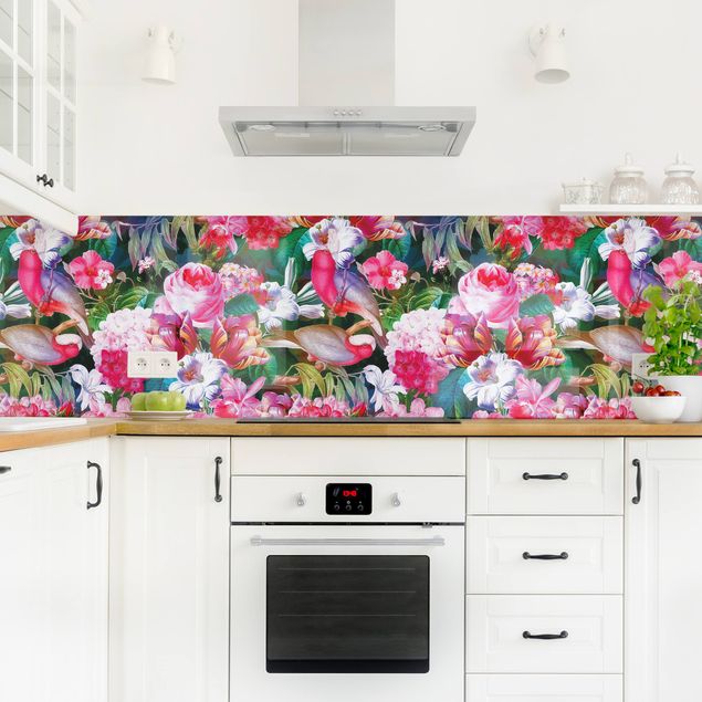 Küchenspiegel Bunte Tropische Blumen mit Vögeln Pink I