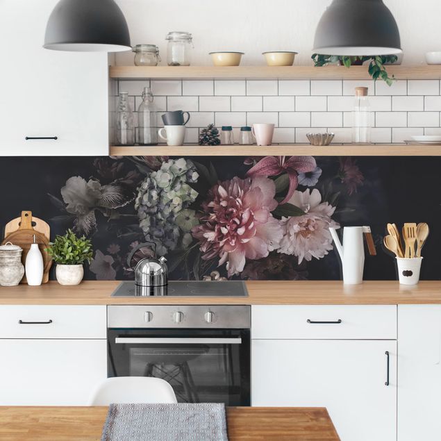 Wandpaneele Küche Blumen mit Nebel auf Schwarz