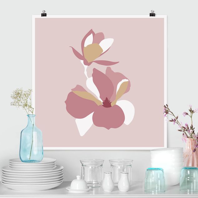 Poster - Line Art Blüten Pastell Rosa - Quadrat 1:1