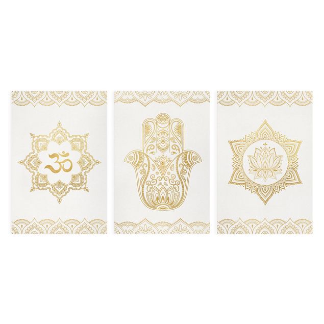Leinwandbild 3-teilig - Hamsa Hand Lotus OM Illustration Set gold - Hoch 3:2