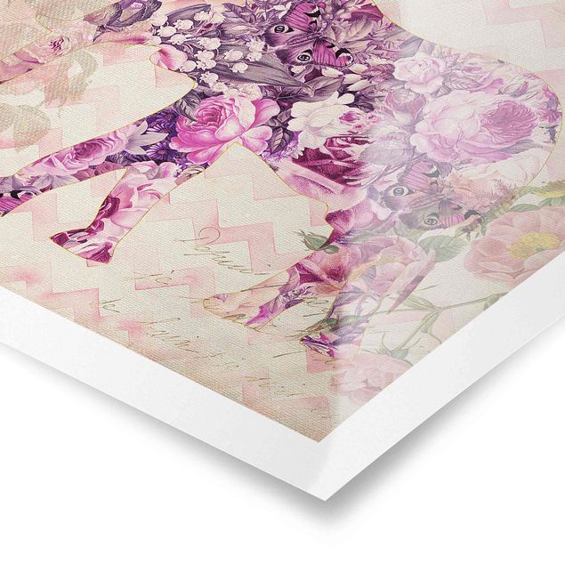 Poster - Vintage Collage - Rosa Blüten Elefant - Quadrat 1:1