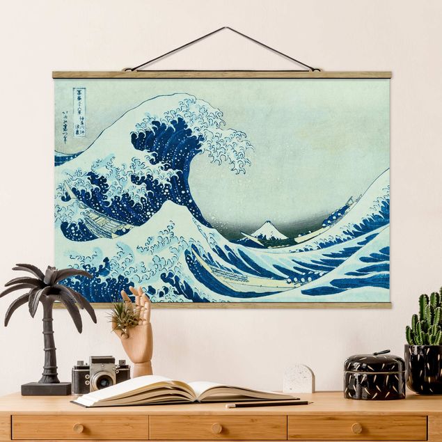 Stoffbild mit Posterleisten - Katsushika Hokusai - Die grosse Welle von Kanagawa - Querformat 3:2