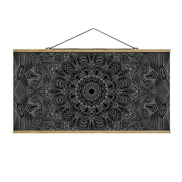 Stoffbild mit Posterleisten - Mandala Stern Muster silber schwarz - Querformat 2:1