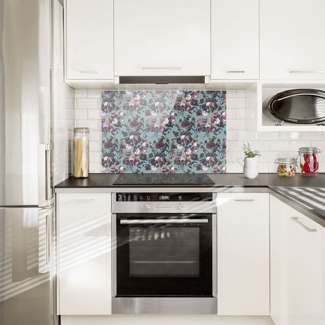 Glasrückwand Küche Muster Altmeisterliche Blüten mit Tulpen und Rosen auf Blau