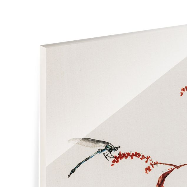 Spritzschutz Glas - Asiatische Vintage Zeichnung Roter Zweig mit Libelle - Querformat - 2:1
