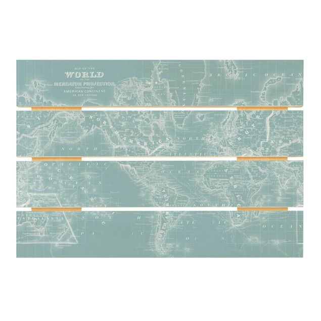 Holzbild - Weltkarte in Eisblau - Querformat 2:3