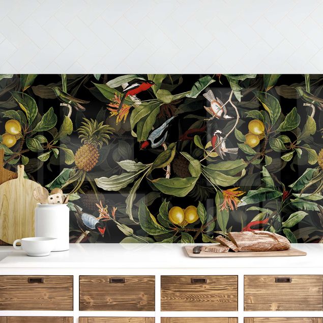Platte Küchenrückwand Vögel mit Ananas Grün I