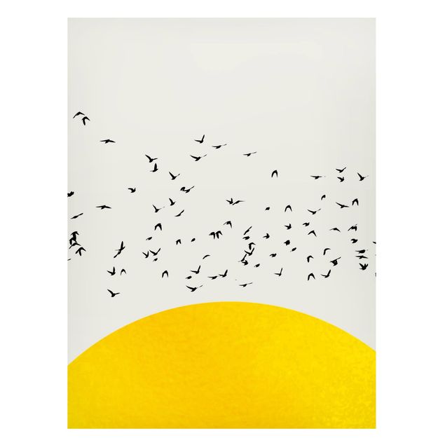 Magnettafel - Vogelschwarm vor gelber Sonne - Hochformat 3:4