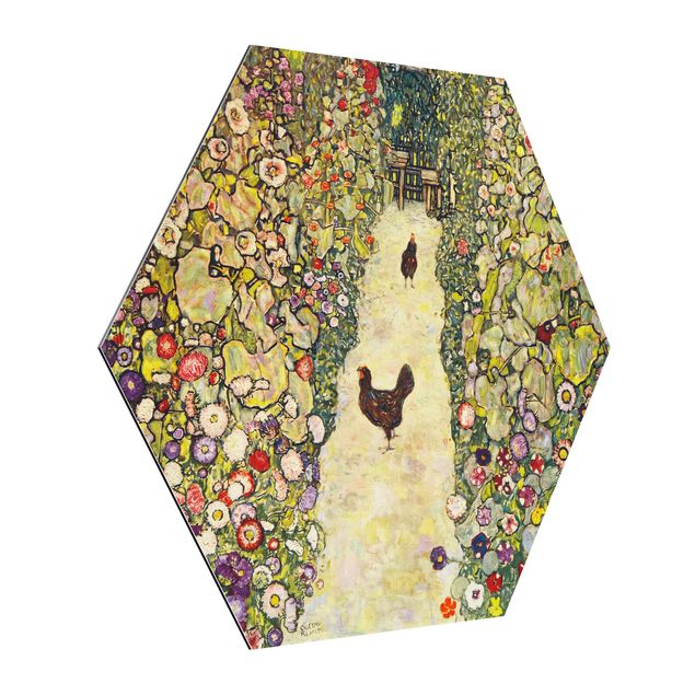 Hexagon Bild Alu-Dibond - Gustav Klimt - Gartenweg mit Hühnern