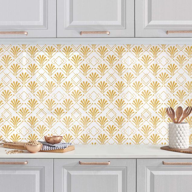 Platte Küchenrückwand Glitzeroptik mit Art Deco Muster in Gold