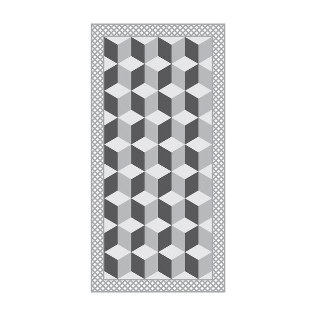 Vinyl Teppich Fliesenoptik Geometrische Fliesen Stufenillusion in Grau mit Bordüre