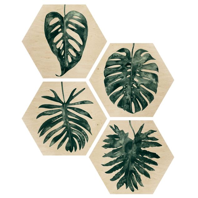 Hexagon Bild Holz 4-teilig - Smaragdgrüne Blätter Set I