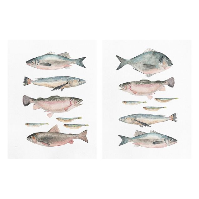 Leinwandbild 2-teilig - Fische in Aquarell Set I - Hoch 4:3
