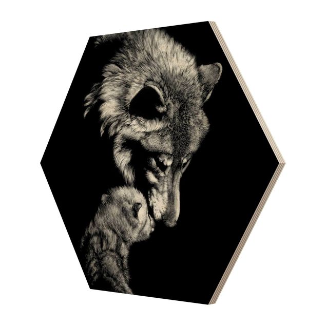 Hexagon Bild Holz - Wolf vor Schwarz