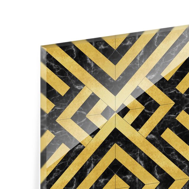Spritzschutz Glas - Geometrischer Fliesenmix Art Deco Gold Schwarzer Marmor - Quadrat 1:1