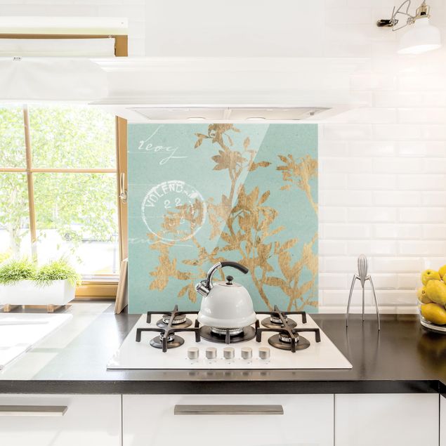Spritzschutz Küche Goldene Blätter auf Turquoise II