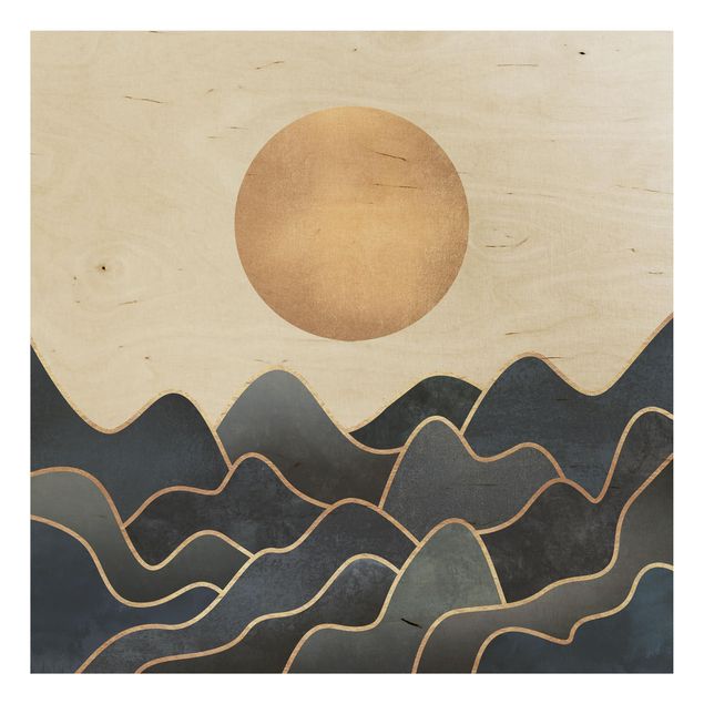 Holzbild - Goldene Sonne blaue Wellen - Quadrat 1:1