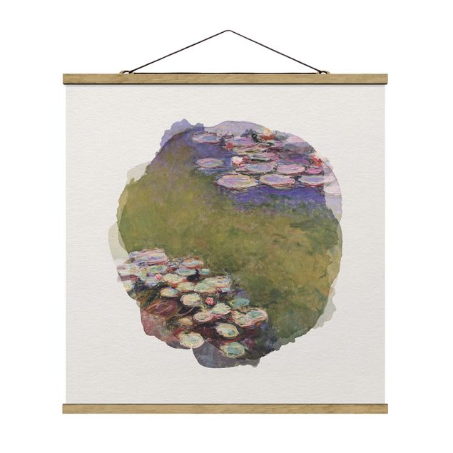 Stoffbild mit Posterleisten - Wasserfarben - Claude Monet - Seerosen - Quadrat 1:1