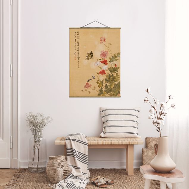 Stoffbilder mit Posterleisten Yuanyu Ma - Mohnblumen und Schmetterlinge
