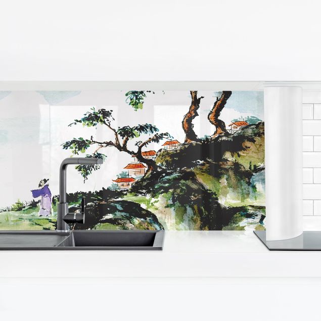 Küchenrückwand selbstklebend Japanische Aquarell Zeichnung See und Berge