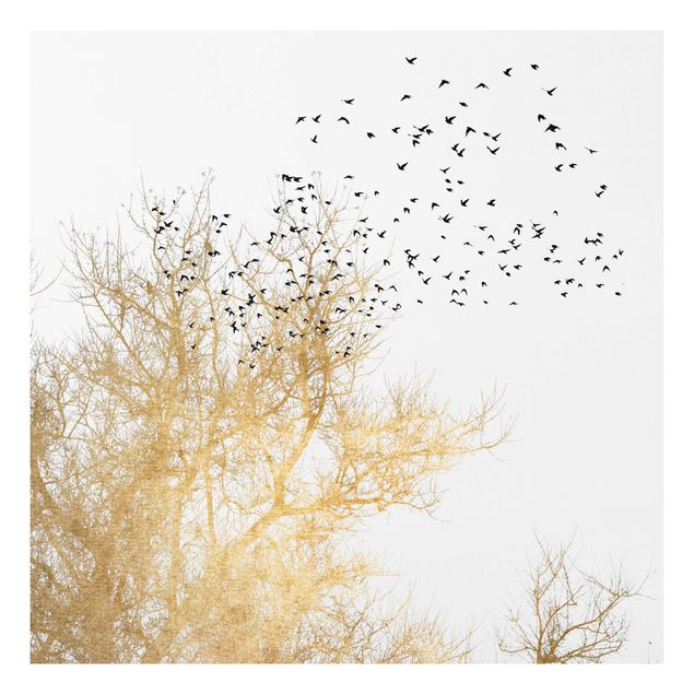Bilder Vogelschwarm vor goldenem Baum