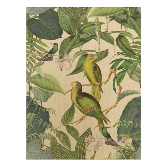 Wandbild Holz Vintage Vintage Collage - Papageien im Dschungel