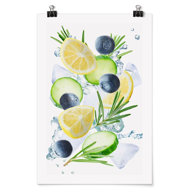 Poster bestellen Blaubeeren Zitronen Eiswürfel Spash