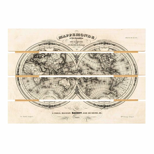 Holzbild - Weltkarte - Französische Karte der Hemissphären von 1848 - Querformat 2:3