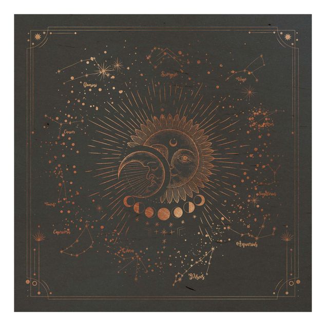 Wandbild Holz Astrologie Sonne Mond und Sterne Blau Gold