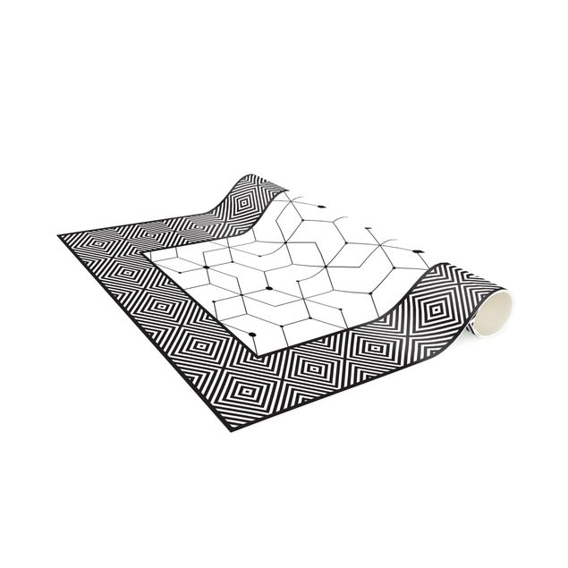 Vinyl-Teppich - Geometrische Fliesen Punktlinien Schwarz Weiß mit Bordüre - Hochformat 1:2