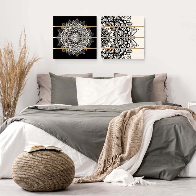 Holzbilder Mandala Illustration shabby Set schwarz weiß
