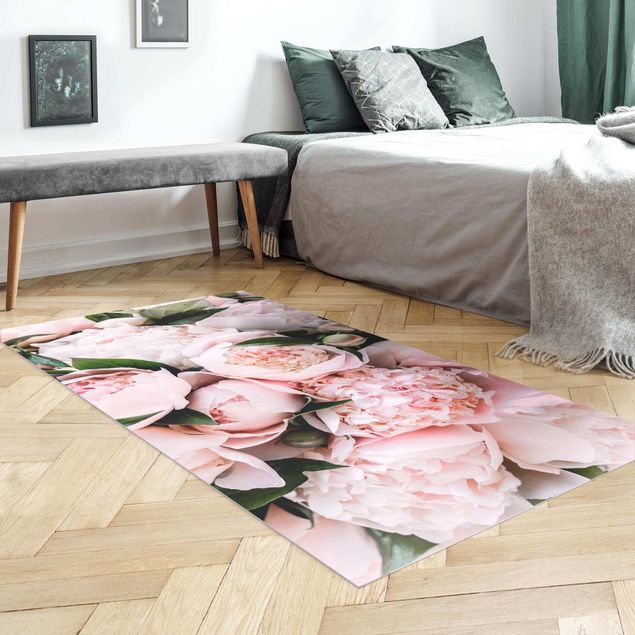 Teppich Läufer Rosa Pfingstrosen mit Blättern