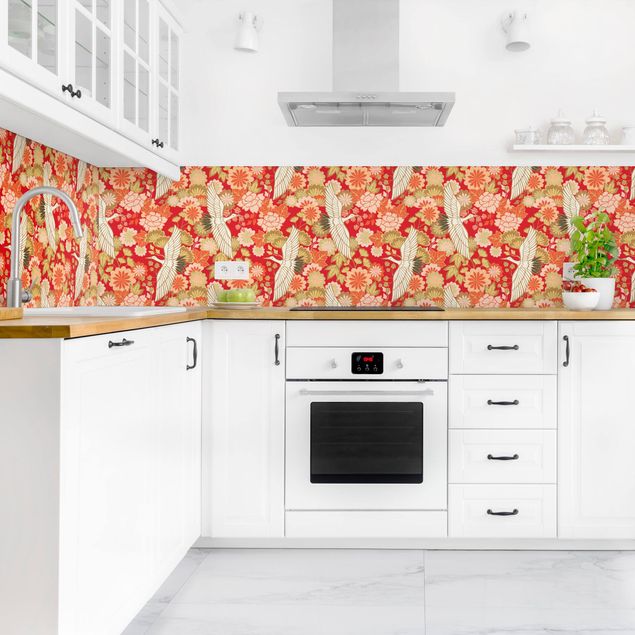 Küchenspiegel Kraniche und Chrysanthemen Rot