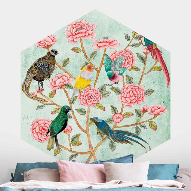 Tapete orientalisch Chinoiserie Collage in Mint II