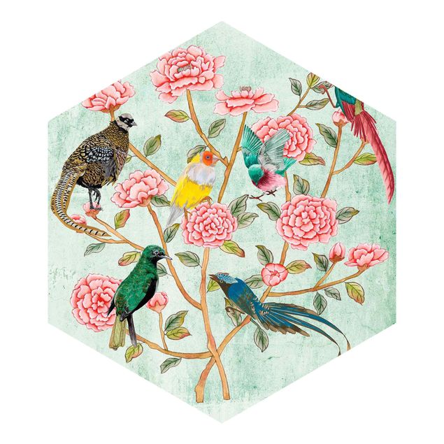 Tapete Blumen Chinoiserie Collage in Mint II