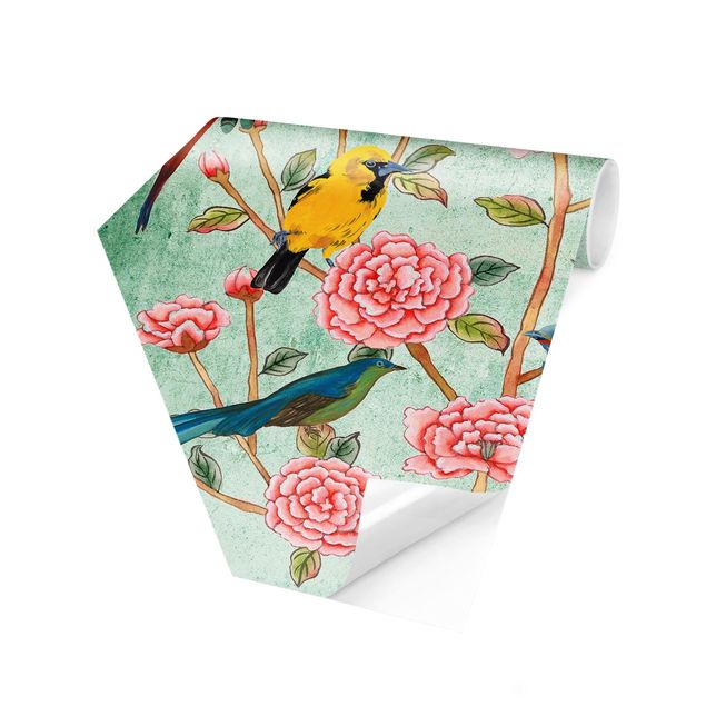 Tapete modern elegant Chinoiserie Collage in Mint