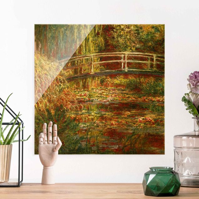 Glas Wandbilder XXL Claude Monet - Seerosenteich und japanische Brücke (Harmonie in rosa)