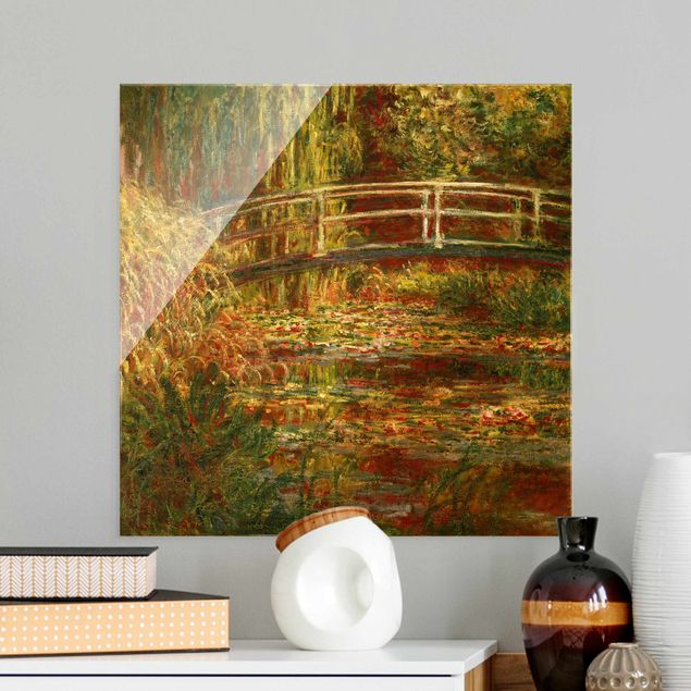 Glasbilder Natur Claude Monet - Seerosenteich und japanische Brücke (Harmonie in rosa)