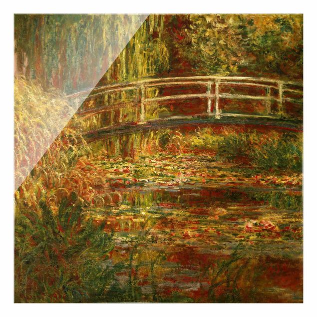 Glas Wandbilder Claude Monet - Seerosenteich und japanische Brücke (Harmonie in rosa)