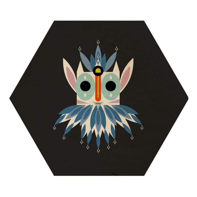 Hexagon-Holzbild - Collage Ethno Maske - Gnom