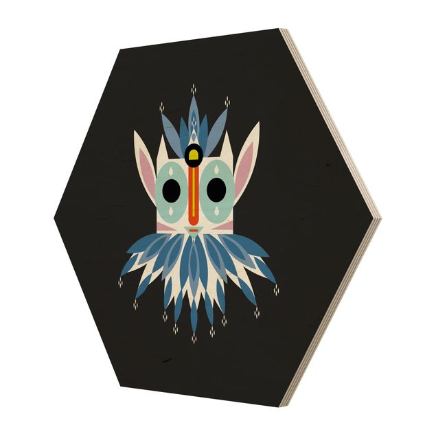 Hexagon-Holzbild - Collage Ethno Maske - Gnom