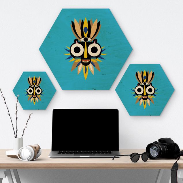 Hexagon-Holzbild - Collage Ethno Maske - Große Augen