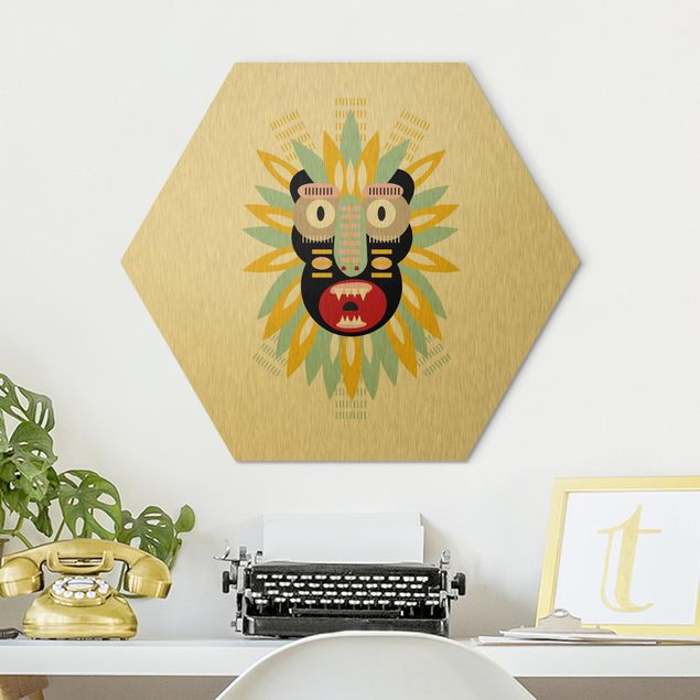 Hexagon-Alu-Dibond Bild - Collage Ethno Maske - King Kong