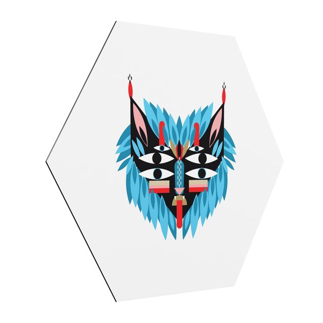Hexagon-Alu-Dibond Bild - Collage Ethno Maske - Löwe