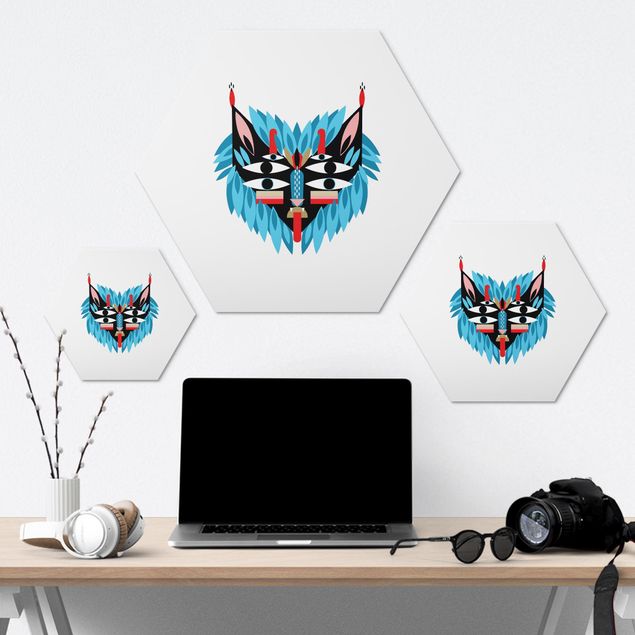 Hexagon-Alu-Dibond Bild - Collage Ethno Maske - Löwe