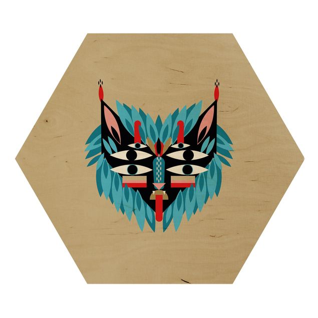 Hexagon-Holzbild - Collage Ethno Maske - Löwe